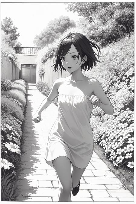 45808-442325146-sketch, monochrome, traditional media, pencil drawing, 1girl, strapless dress, running in the garden, floral background,.png